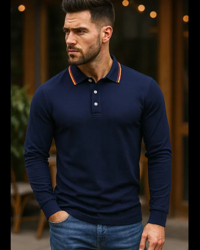 Long Sleeve Polo Shirt with Stripe Collar sold by Aha Selected