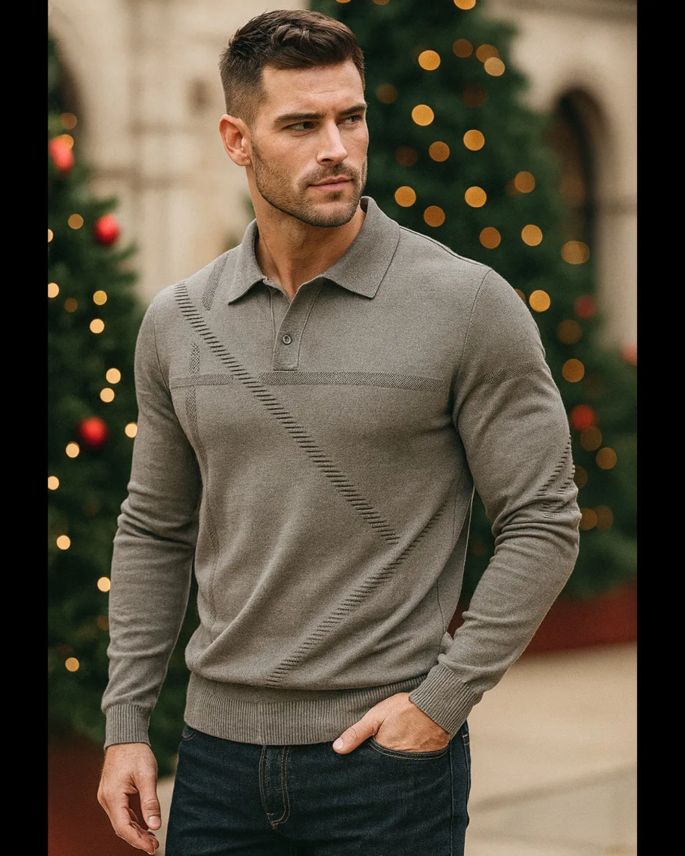 Refined Textured Knit Polo Sweater sold by Aha Selected