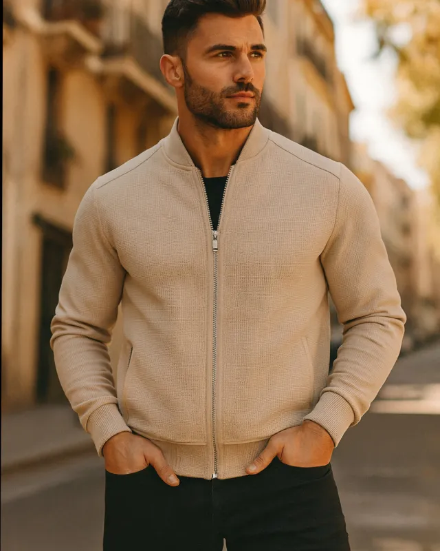 Casual Waffle Knit Bomber Jacket sold by Aha Selected