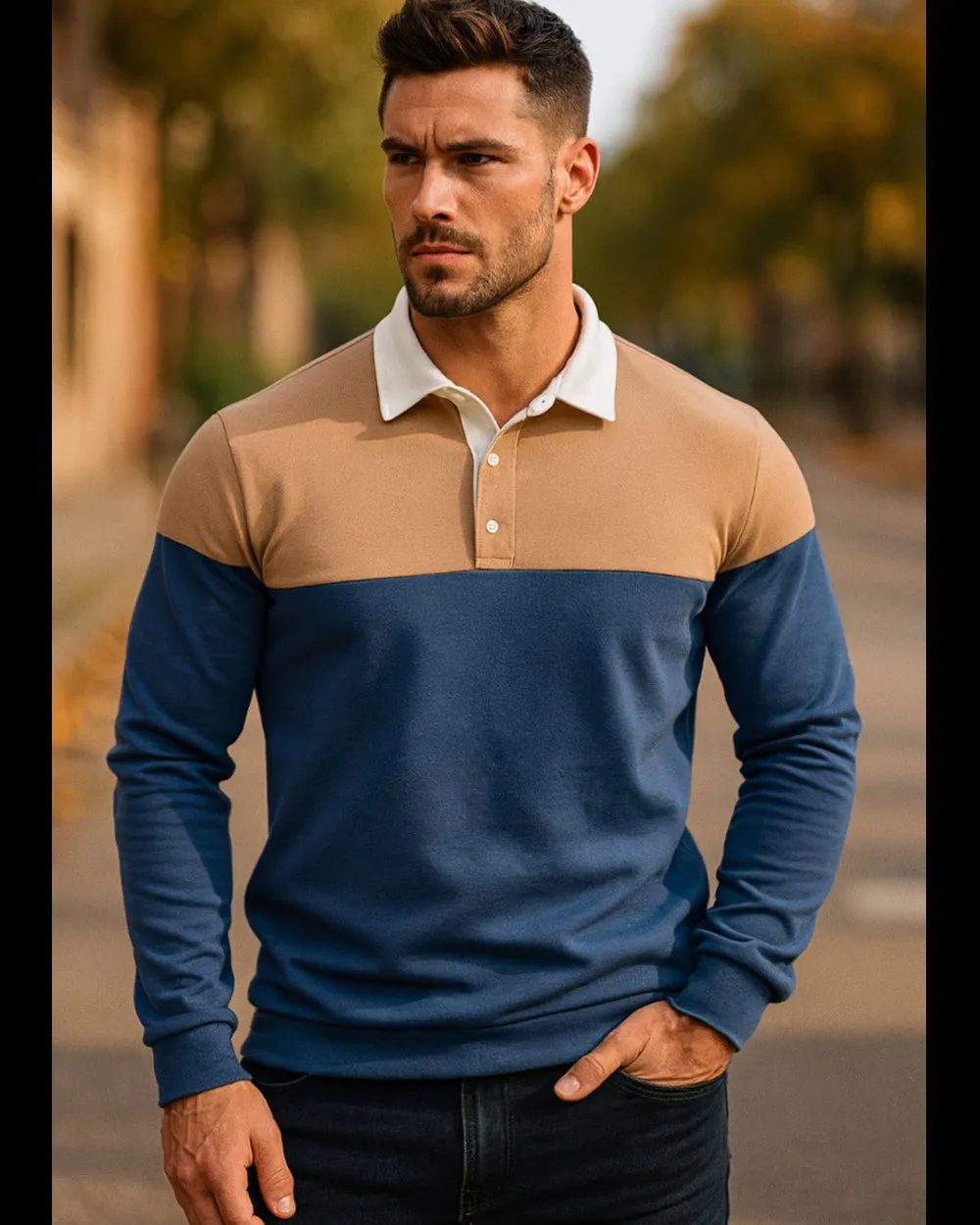 Colorblock Warm Long Sleeve Polo Shirt sold by Aha Selected