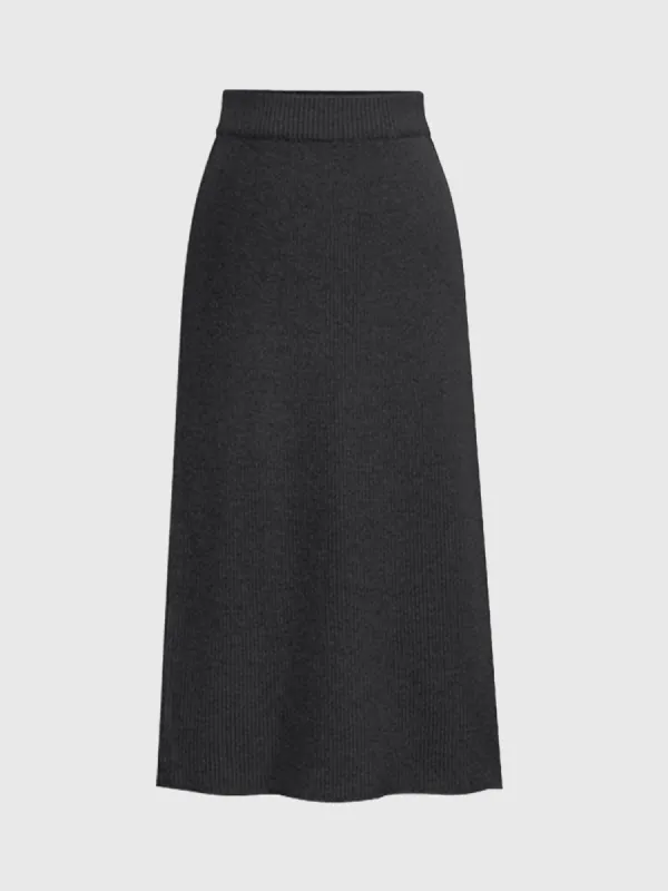Woolen Slit Knit Midi Skirt sold by Aha Selected