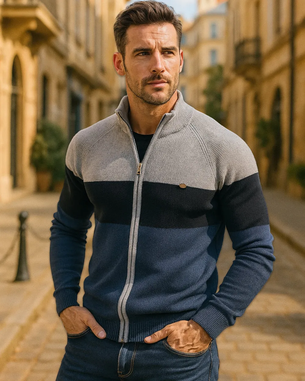 Full-Zip Stand Collar Color Block Cardigan sold by Aha Selected