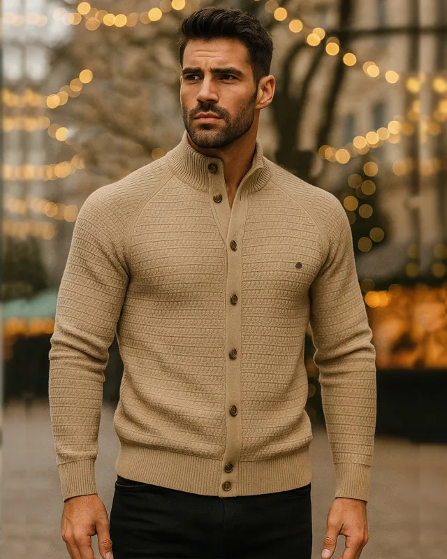 Men's Long Sleeve Stand Collar Cardigan Sweaters sold by Aha Selected