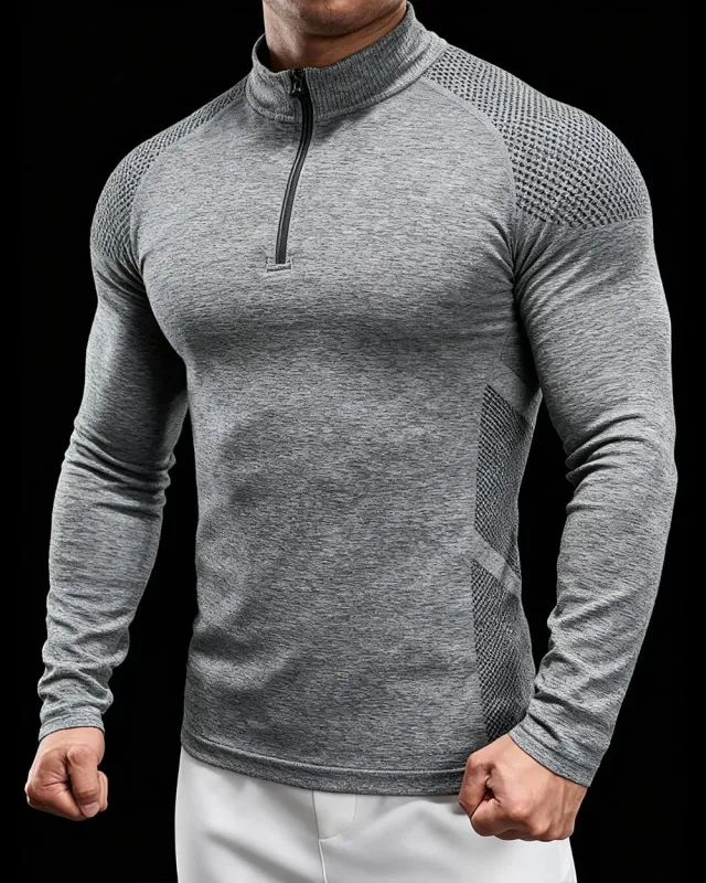 Slim Fit Long Sleeve Half-Zip Training Shirt with Textured Pattern sold by Aha Selected