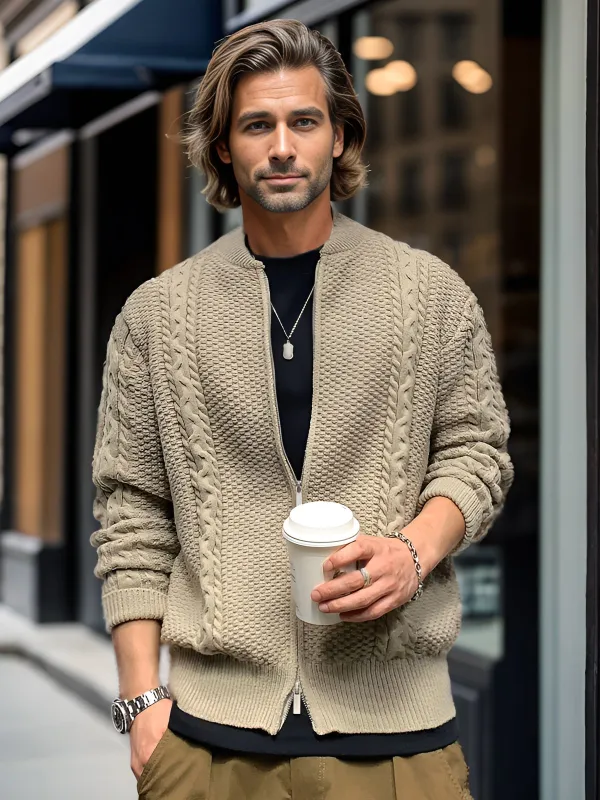 Cable Cardigan Pocket Knit Zipper Jacket(Final Sale–No Return or Exchange) sold by Aha Selected