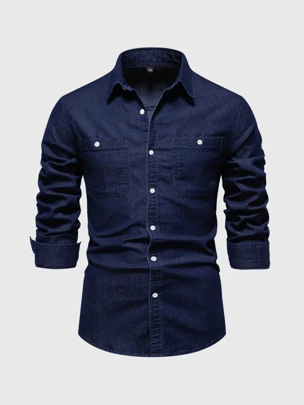 M's Button-Down Denim Shirt Stretch Cotton(Final Sale–No Return or Exchange) sold by Aha Selected