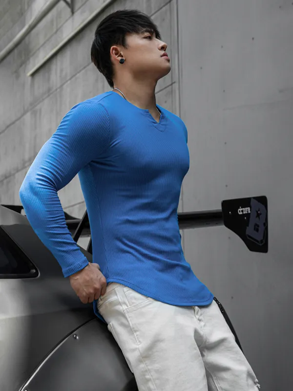 Muscle Fit V-Neck Long Sleeve Cotton Rib Knit T-Shirt sold by Aha Selected