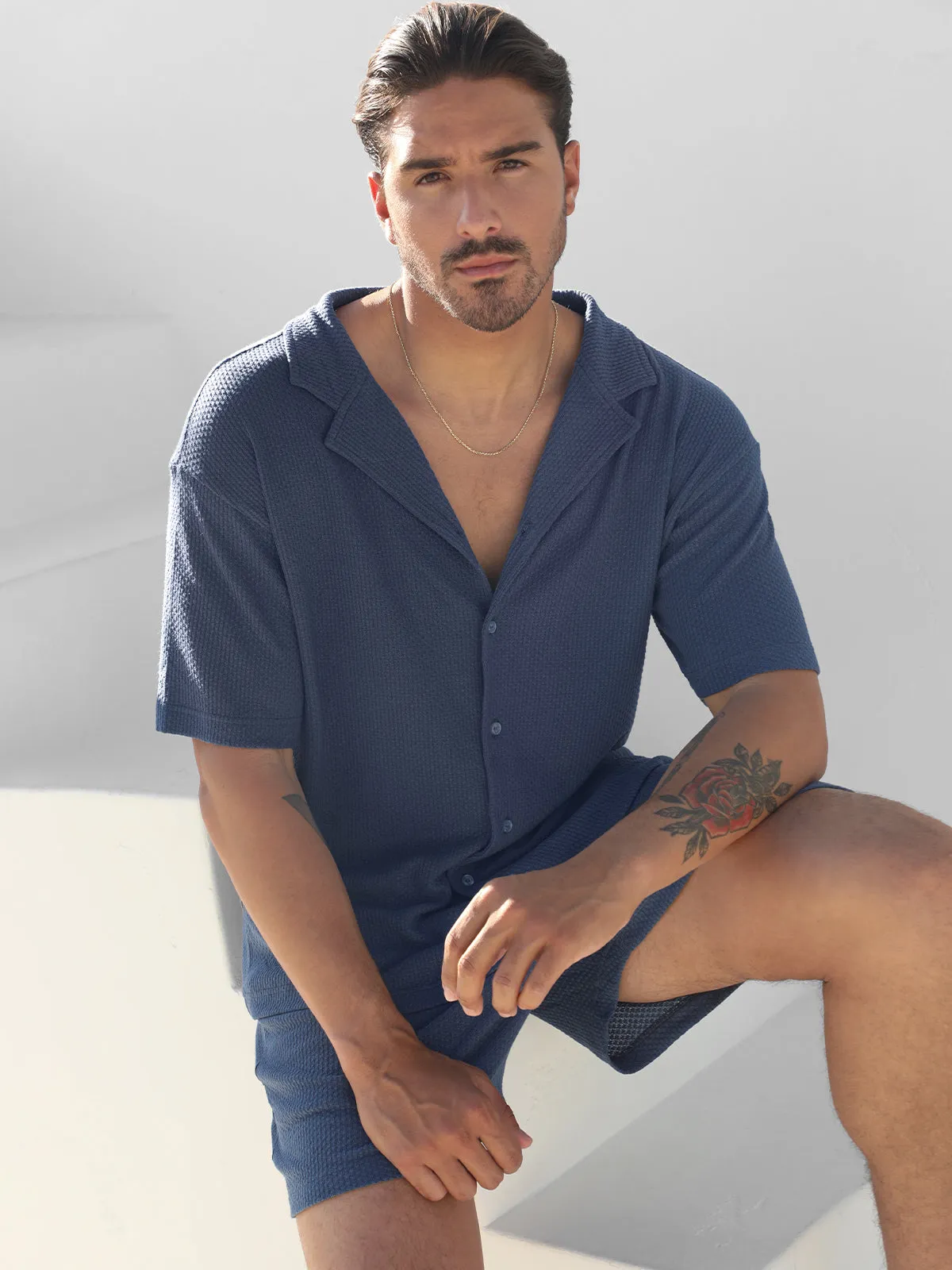 Set: Knit Hawaiian Set Shirt +Short Blue sold by Aha Selected