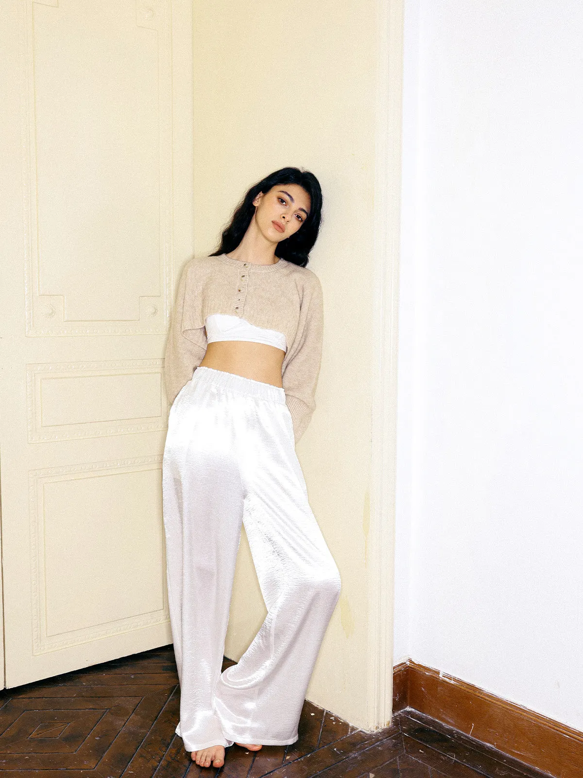 Textured Satin Elastic Waistband Wide Leg Pants sold by Aha Selected product image thumbnail 3