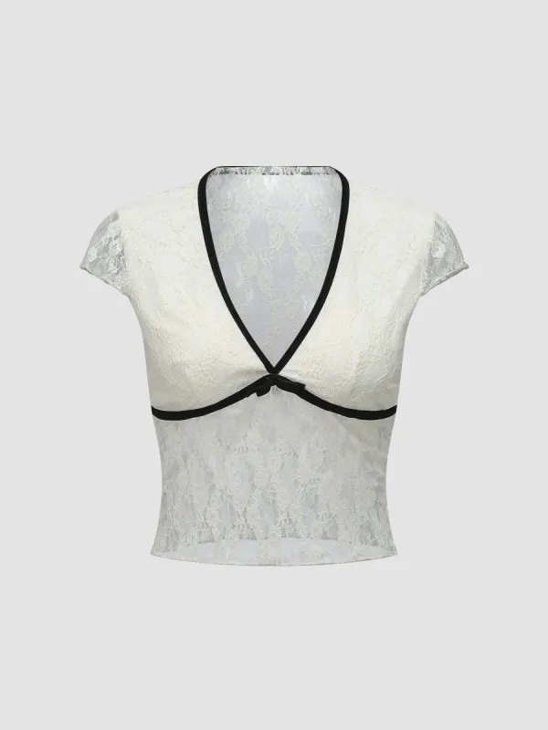 Lace V-Neck Short Sleeve Bow Tie Top sold by Aha Selected