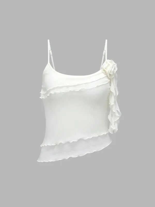 3D Floral Ruffle Hem Mesh Cami Top sold by Aha Selected