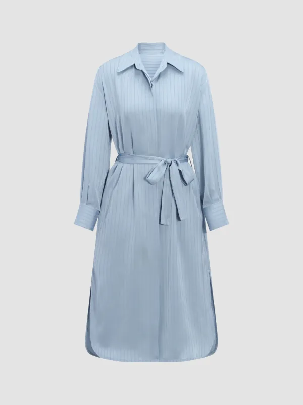 Satin Striped Belted Shirt Dress sold by Aha Selected