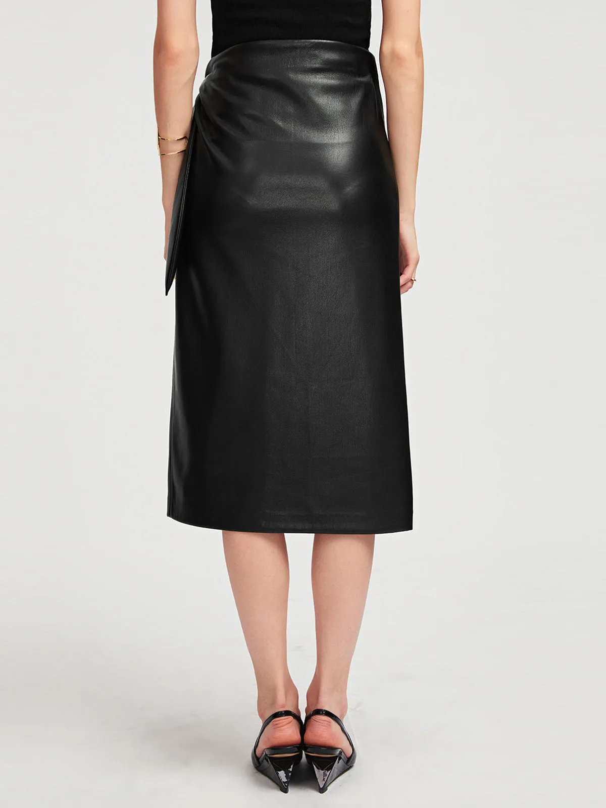 Black Long Wrap Vegan Leather Midi Skirt sold by Aha Selected product image thumbnail 3