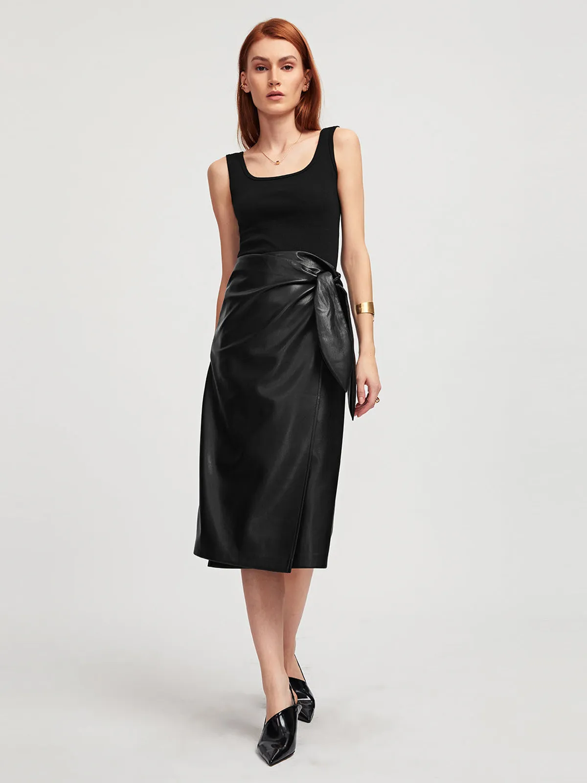 Black Long Wrap Vegan Leather Midi Skirt sold by Aha Selected product image thumbnail 2