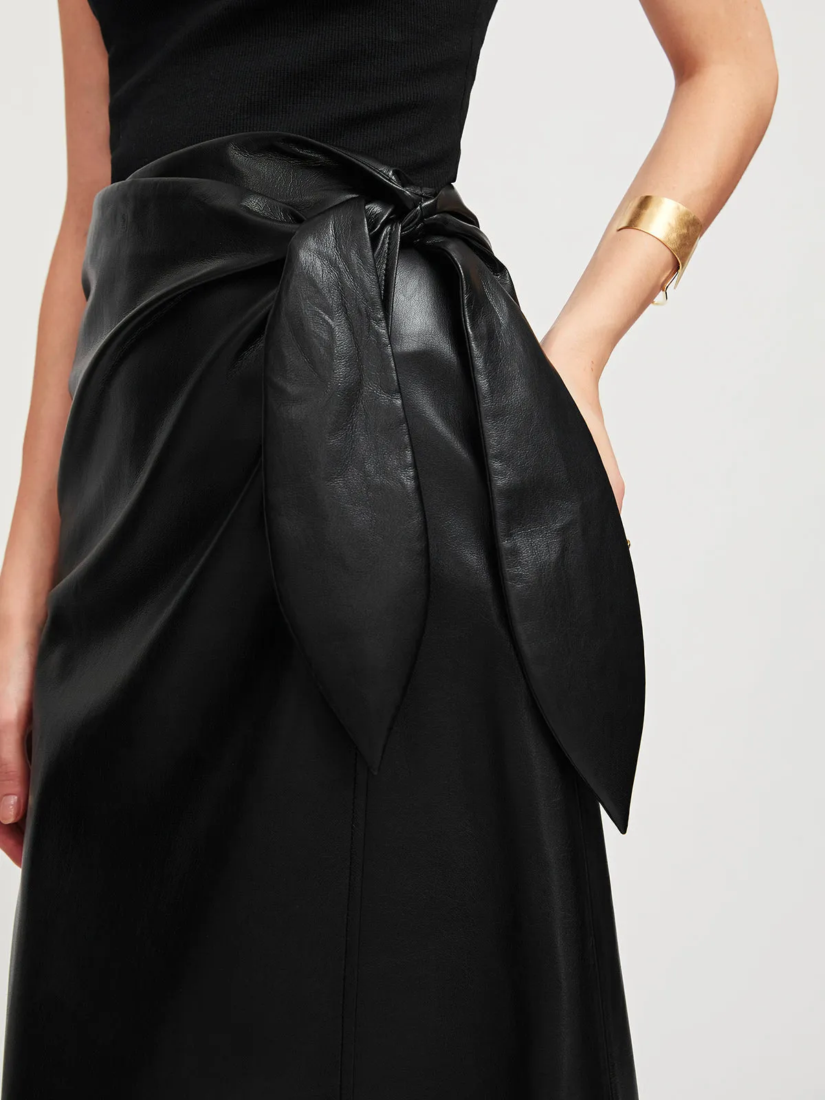 Black Long Wrap Vegan Leather Midi Skirt sold by Aha Selected product image thumbnail 4