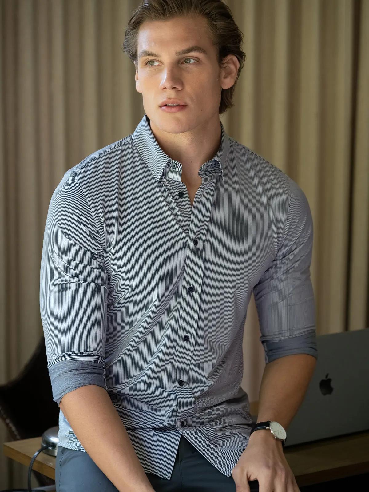 Commuter Performance Dress Shirt-Navy/White Stripe sold by Aha Selected