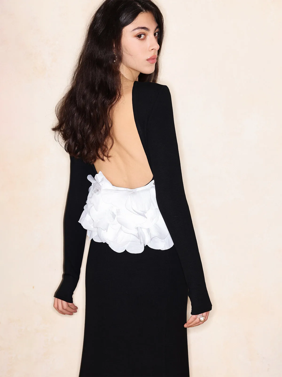 Flower-Embellished Backless Fine Ribbed Knit Dress sold by Aha Selected product image thumbnail 3