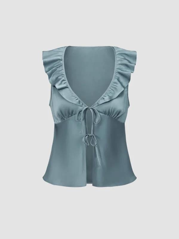 Ruffle Tie-Up Satin Cami Top sold by Aha Selected