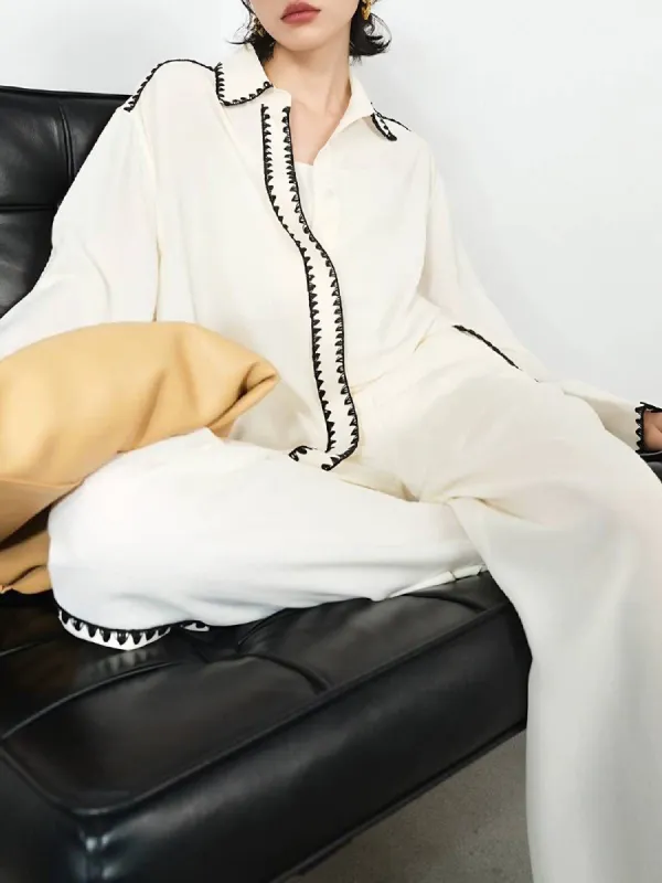 Embroidered Contrast Trim Long Sleeve Shirt sold by Aha Selected