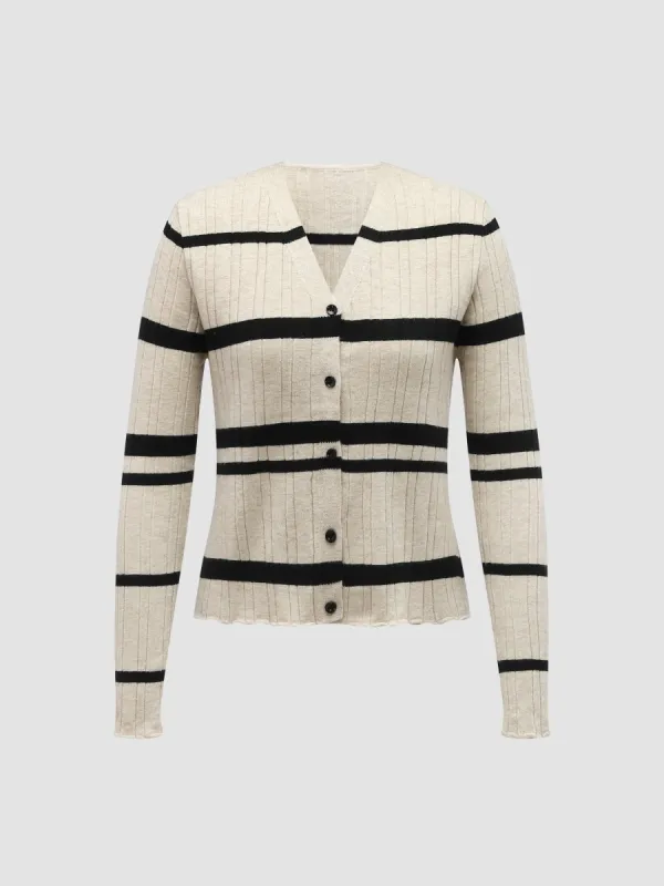 Colorblock Striped V-Neck Knit Cardigan sold by Aha Selected