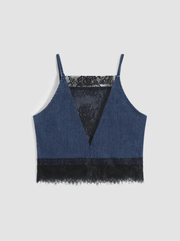 Lace Trim Denim Tank Top sold by Aha Selected