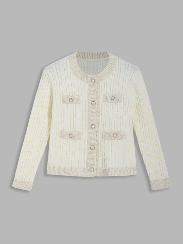 Colorblock Cable Knit Cardigan with Pockets sold by Aha Selected