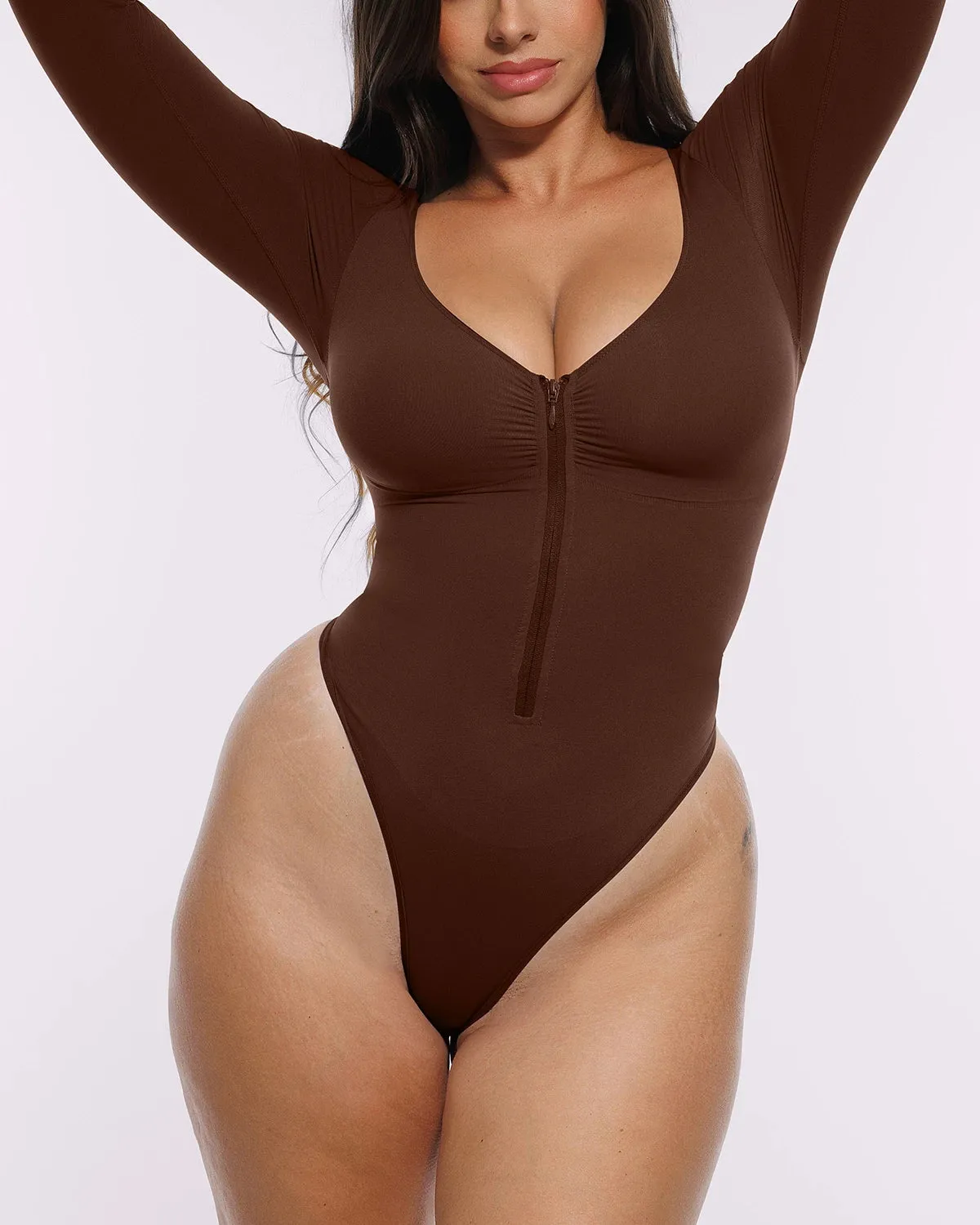 Bare Essentials™ Skin Flow™ Long Sleeve Zipper Front Thong Bodysuit sold by Shapellx product image thumbnail 5