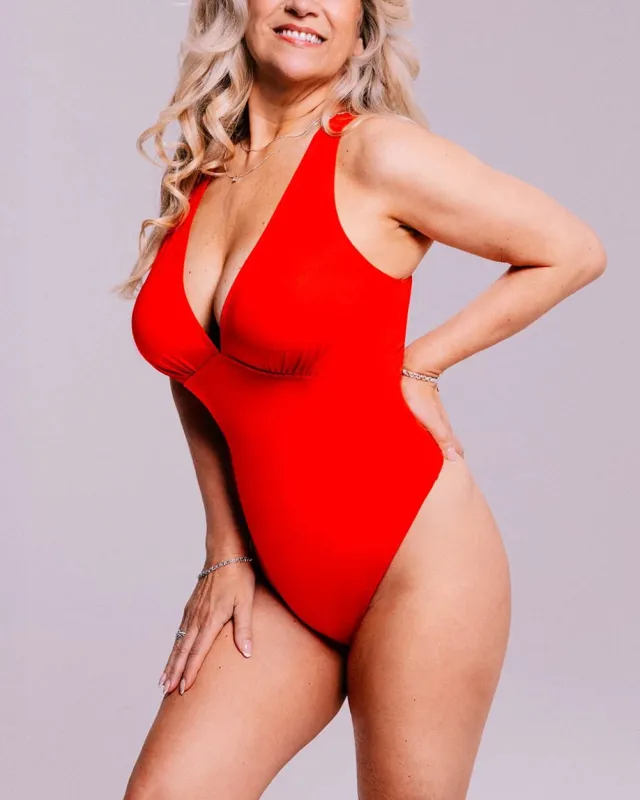 Bare Essentials™ AirSlim® Deep V-Neck Cross Back Thong Bodysuit sold by Shapellx