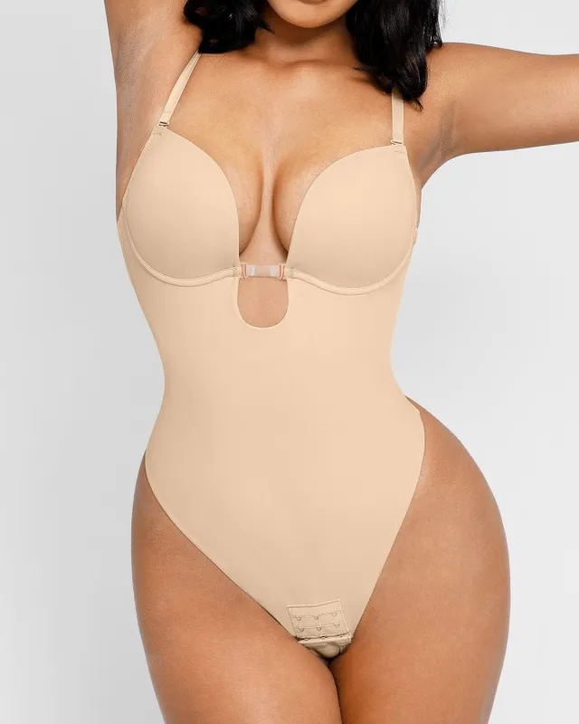 Bare Essentials™ AirSlim® Backless U Plunge Thong Bodysuit sold by Shapellx