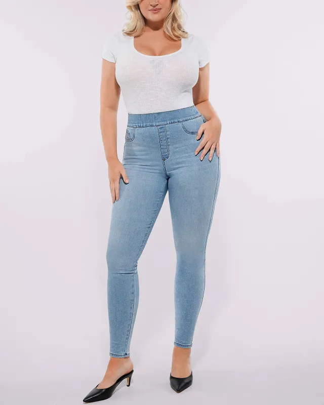 Bare Essentials™ High-Waisted Padded Hip Skinny Jeans sold by Shapellx