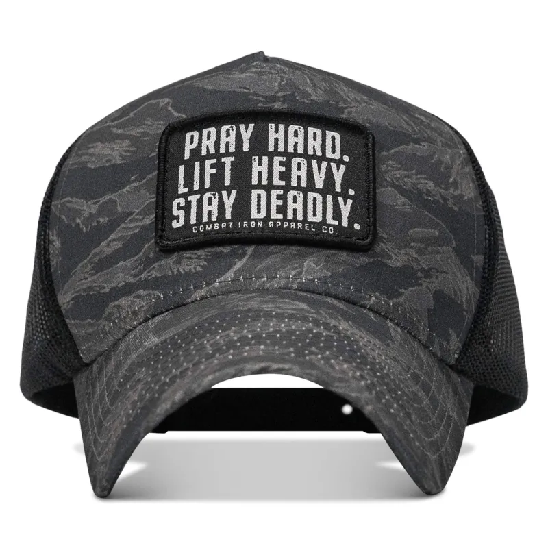 Pray Hard. Lift Heavy. Stay Deadly. Patch Five Panel Breacher Snapback Hat sold by Combat Iron Apparel