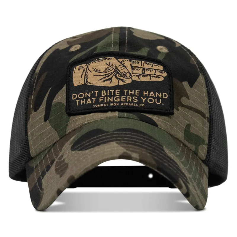 Don't Bite The Hand That Fingers You Patch Tactical Ripstop Mesh Snapback Hat sold by Combat Iron Apparel