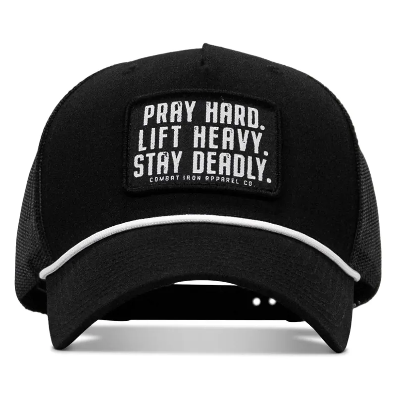 Pray Hard. Lift Heavy. Stay Deadly. Patch Rope Snapback Hat sold by Combat Iron Apparel