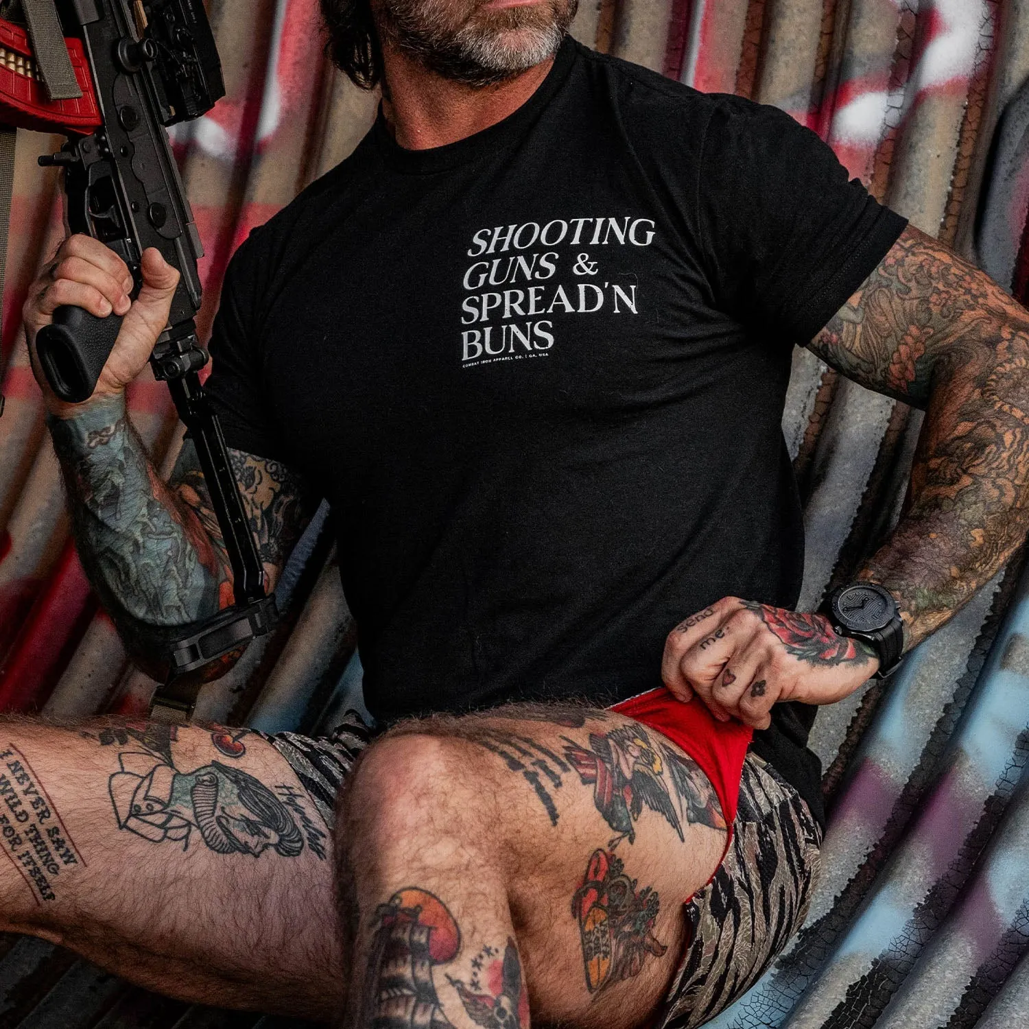 Shooting Guns & Spread'n Buns Men's T-Shirt sold by Combat Iron Apparel product image thumbnail 4