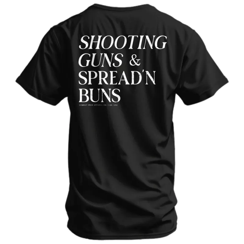 Shooting Guns & Spread'n Buns Men's T-Shirt made by Combat Iron Apparel
