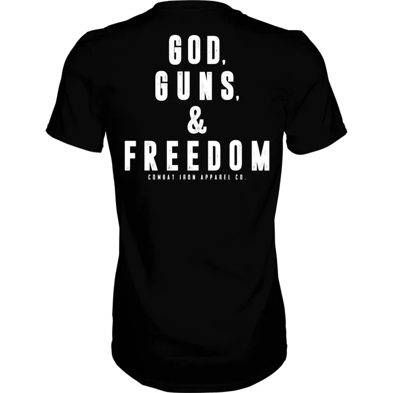 GOD, GUNS, & FREEDOM Men's T-Shirt sold by Combat Iron Apparel