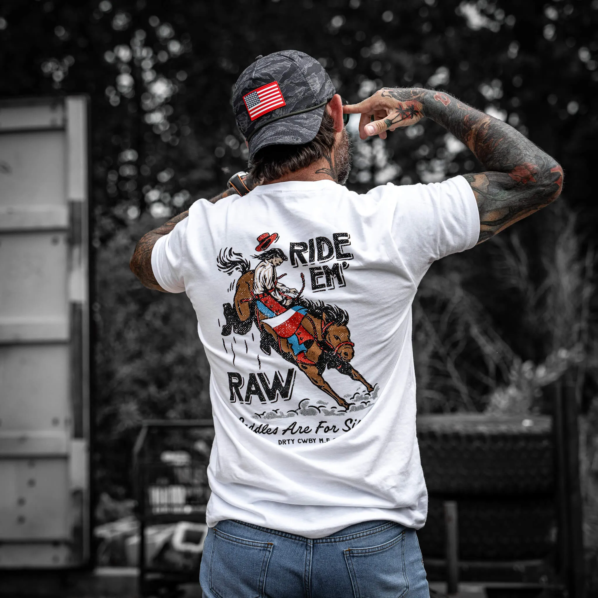 Ride 'Em Raw Saddles Are For Sissy's Men's T-Shirt sold by Combat Iron Apparel product image thumbnail 3