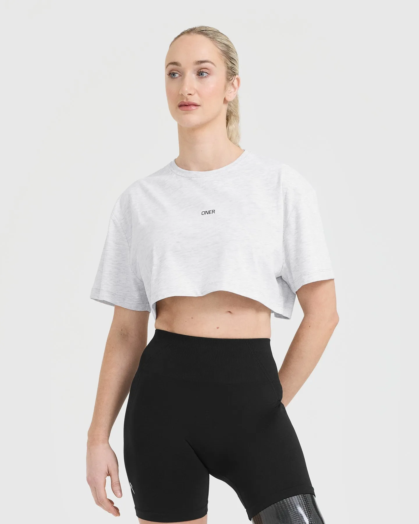 Classic Oner Graphic Crop Lightweight T-Shirt | Light Grey Marl sold by Oner Active