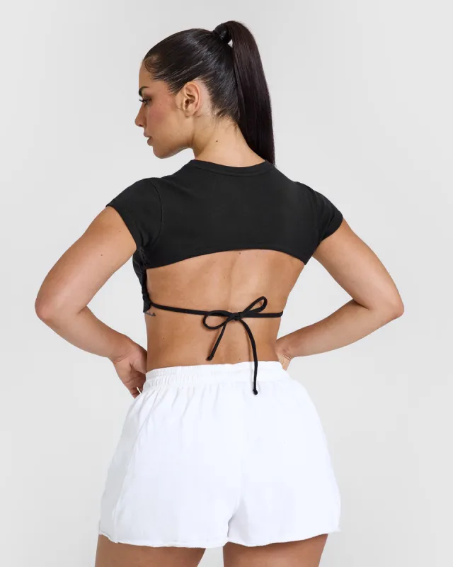 Vintage Open Back Crop T-Shirt with Graphic | Washed Black sold by Oner Active