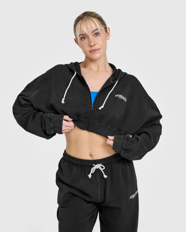 Raw Lounge Crop Zip Through Hoodie with Graphic | Washed Black sold by Oner Active