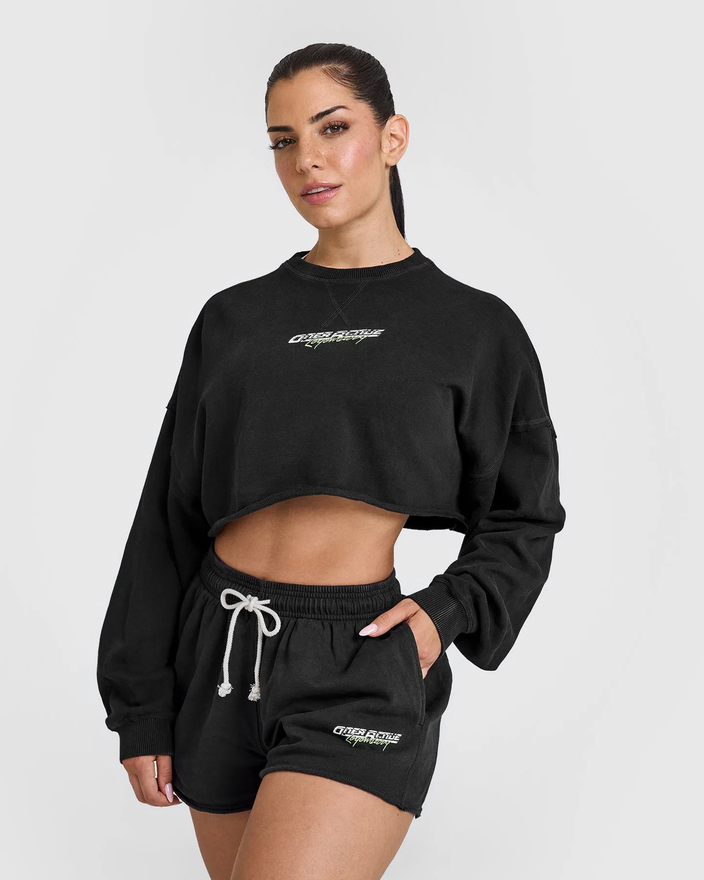 Raw Lounge Crop Sweatshirt with Graphic | Washed Black sold by Oner Active