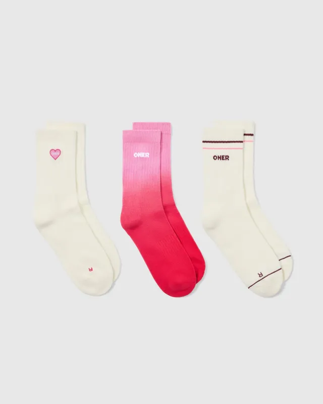 Oner Heart Crew Socks 3 Pack | Sweetie/Berry Bloom/Rosewood sold by Oner Active