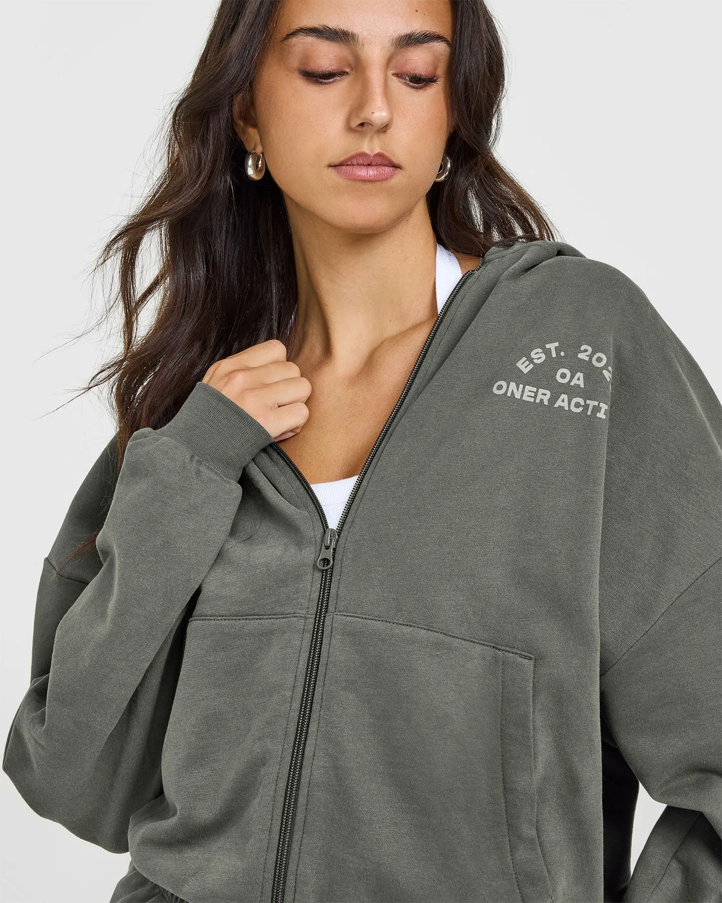 Lightweight Zip Through Hoodie with Graphic | Dark Khaki sold by Oner Active product image thumbnail 5