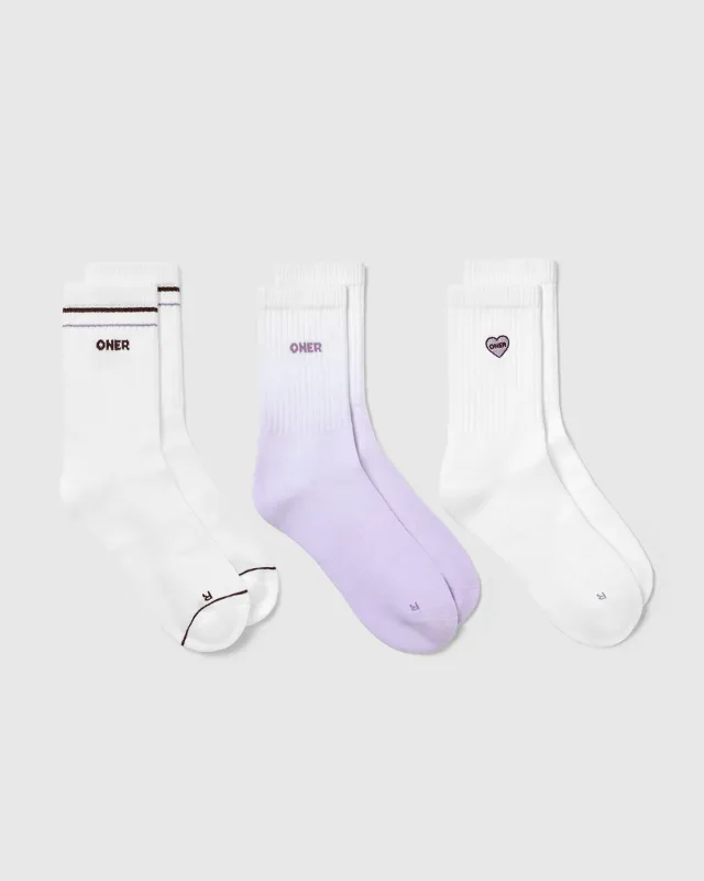Oner Heart Crew Socks 3 Pack | White/Lavender sold by Oner Active