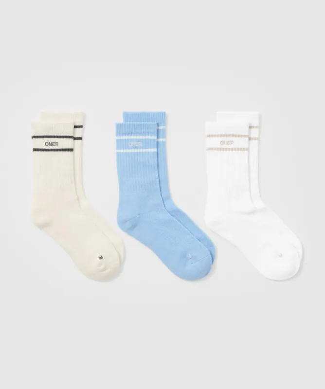 Varsity Crew Socks 3 Pack | Off White/Blue/White sold by Oner Active