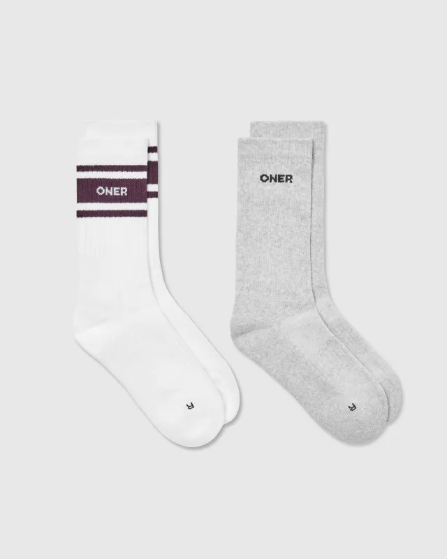 Varsity Long Crew Socks 2 Pack | Grey Marl/ White/ Blackberry sold by Oner Active