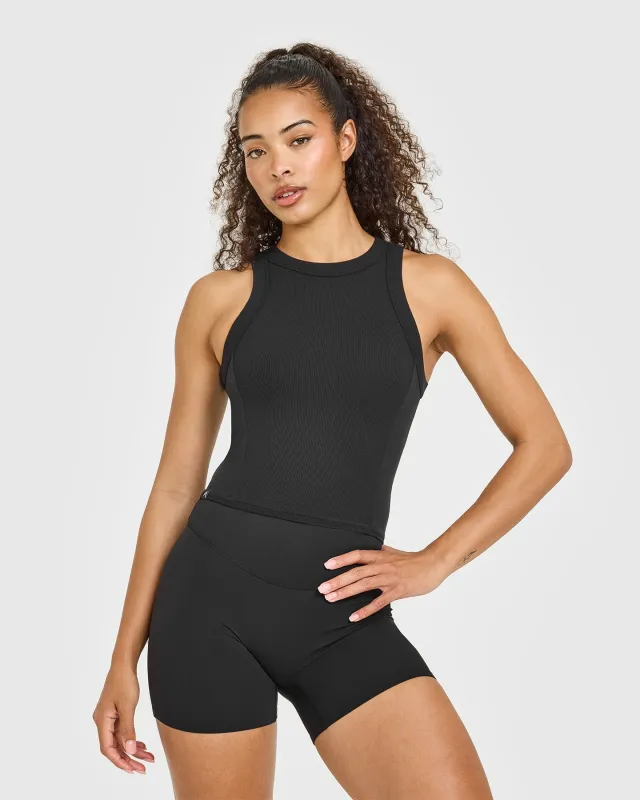 Mellow™ Rib High Neck Mid Tank Top | Black sold by Oner Active