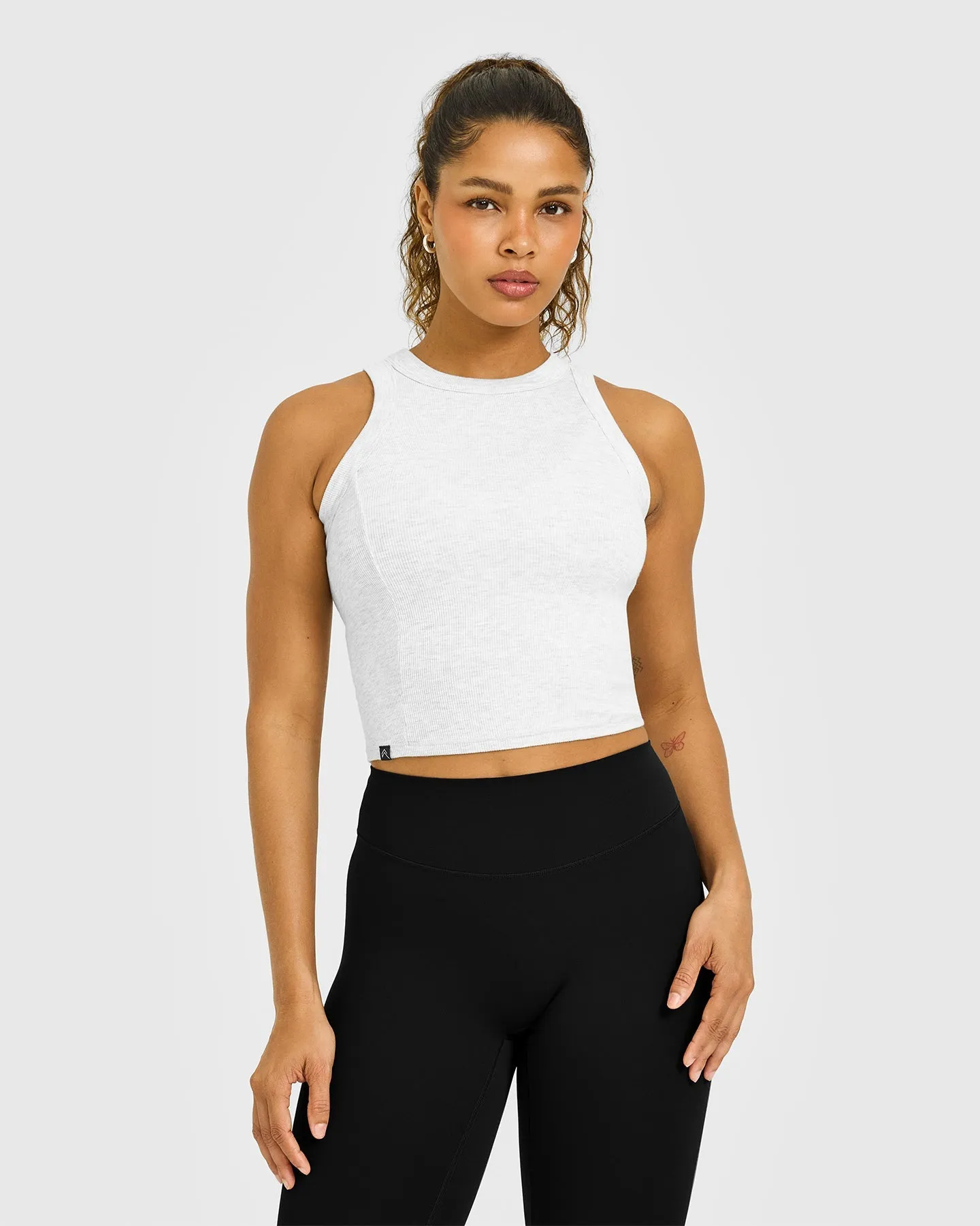 Mellow™ Rib High Neck Mid Tank Top | Light Grey Marl sold by Oner Active