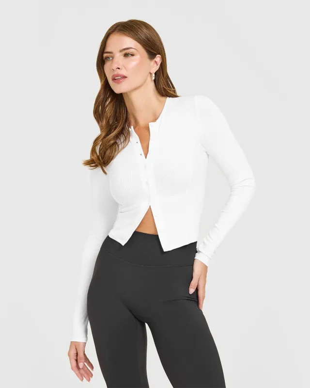 Mellow™ Rib Mid Long Sleeve Cardigan | White sold by Oner Active