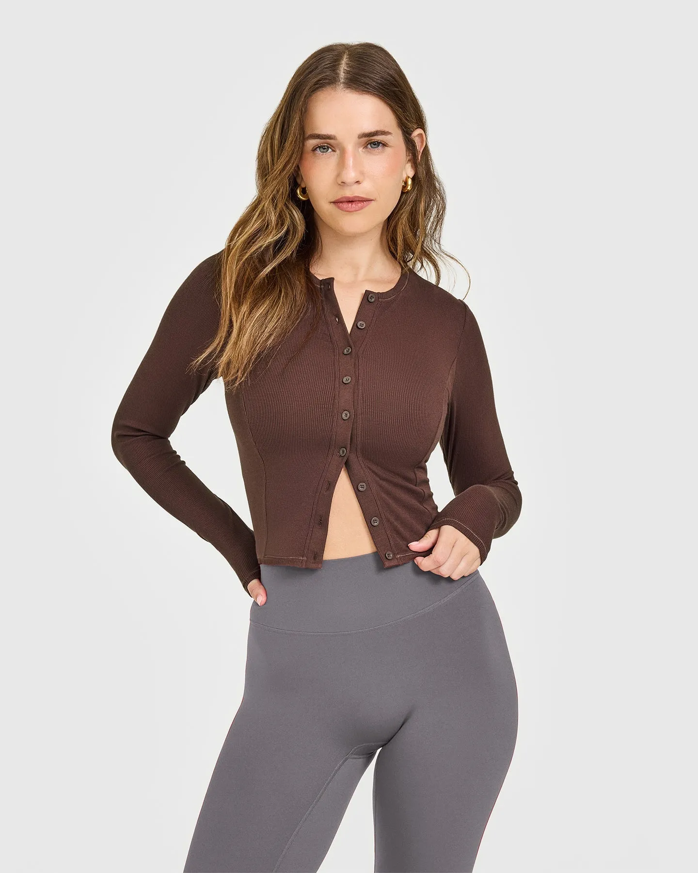 Mellow™ Rib Mid Long Sleeve Cardigan | Copper Brown sold by Oner Active